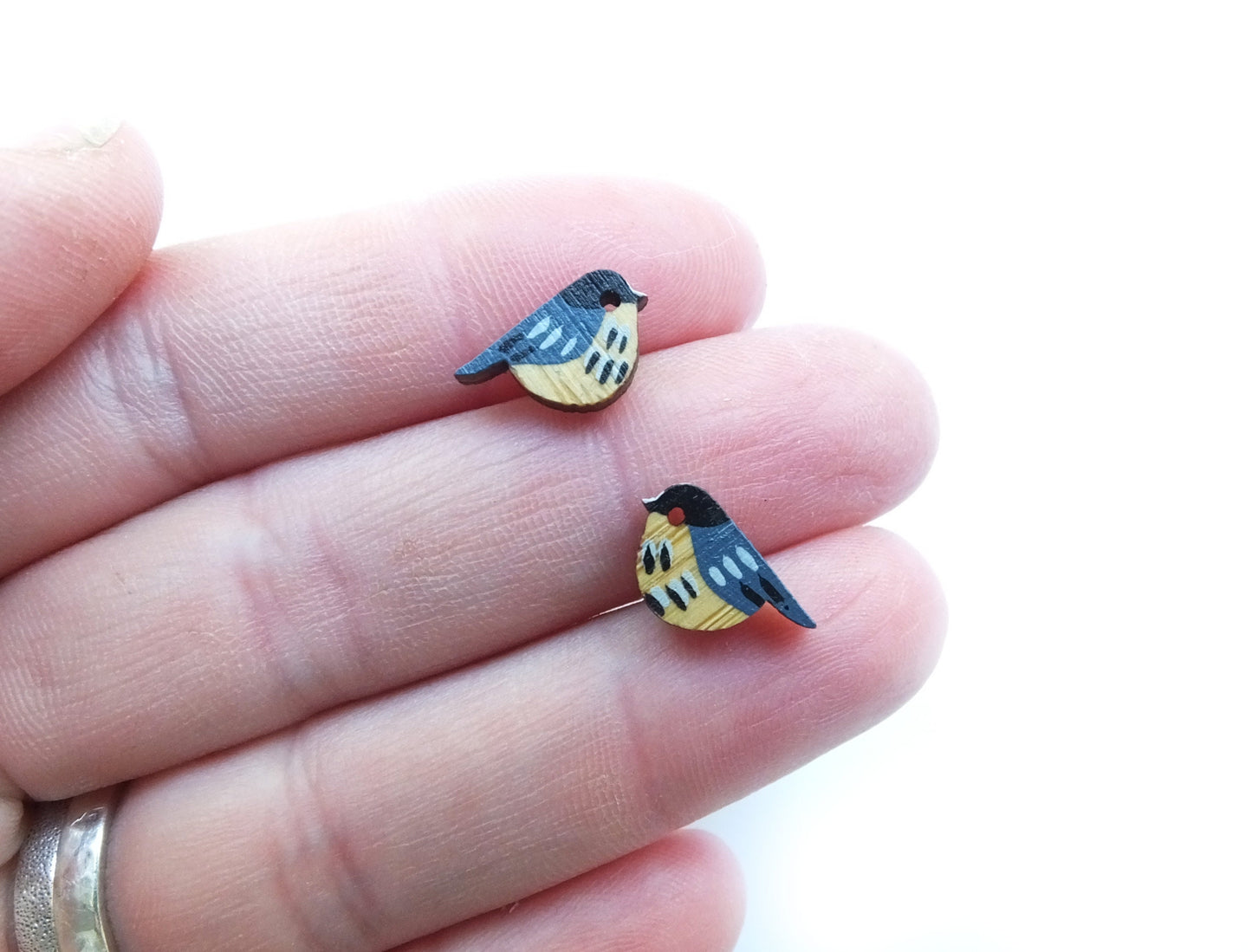 Hand painted bird earrings made from bamboo and silver.