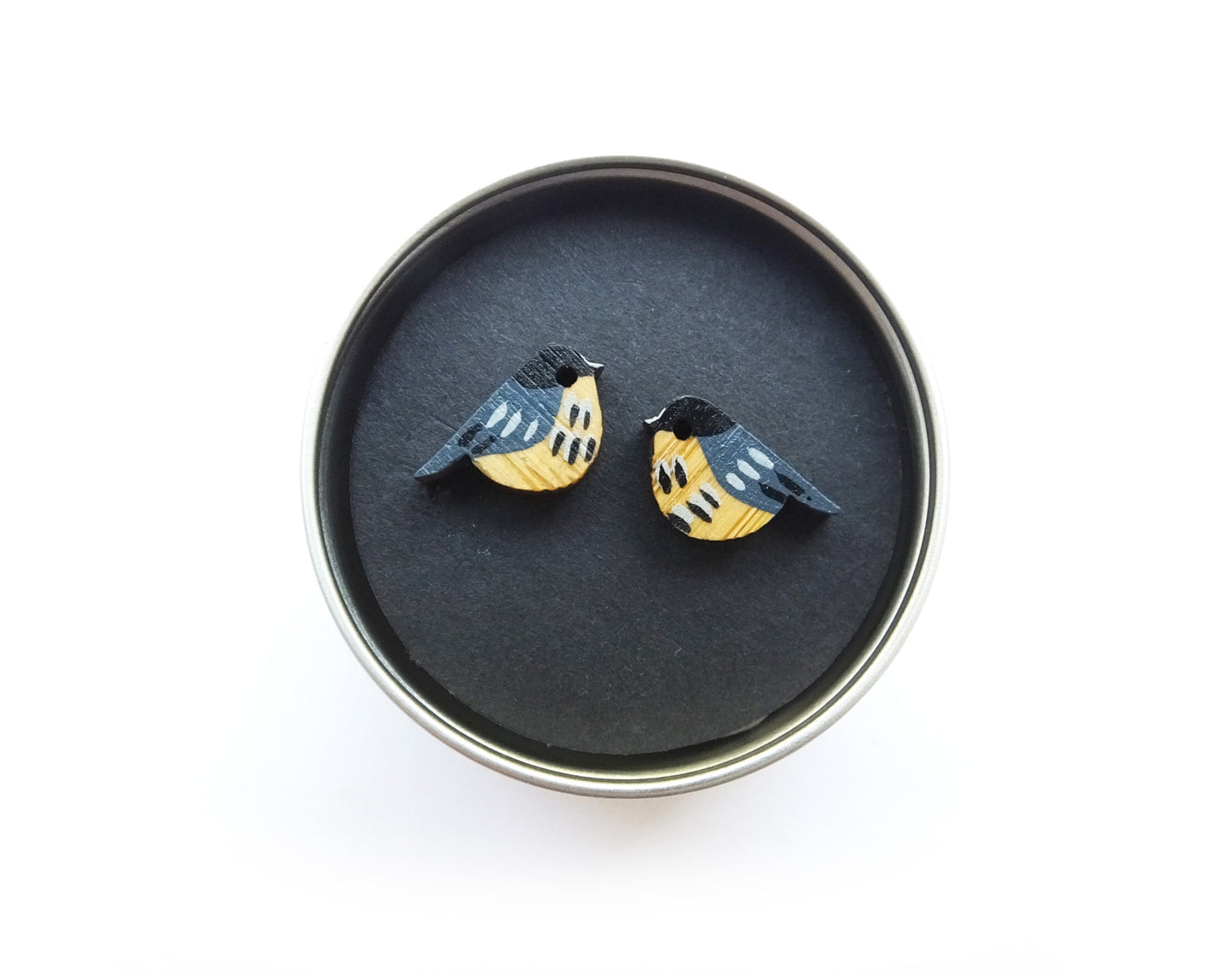 Hand painted coal tit earrings made from bamboo.