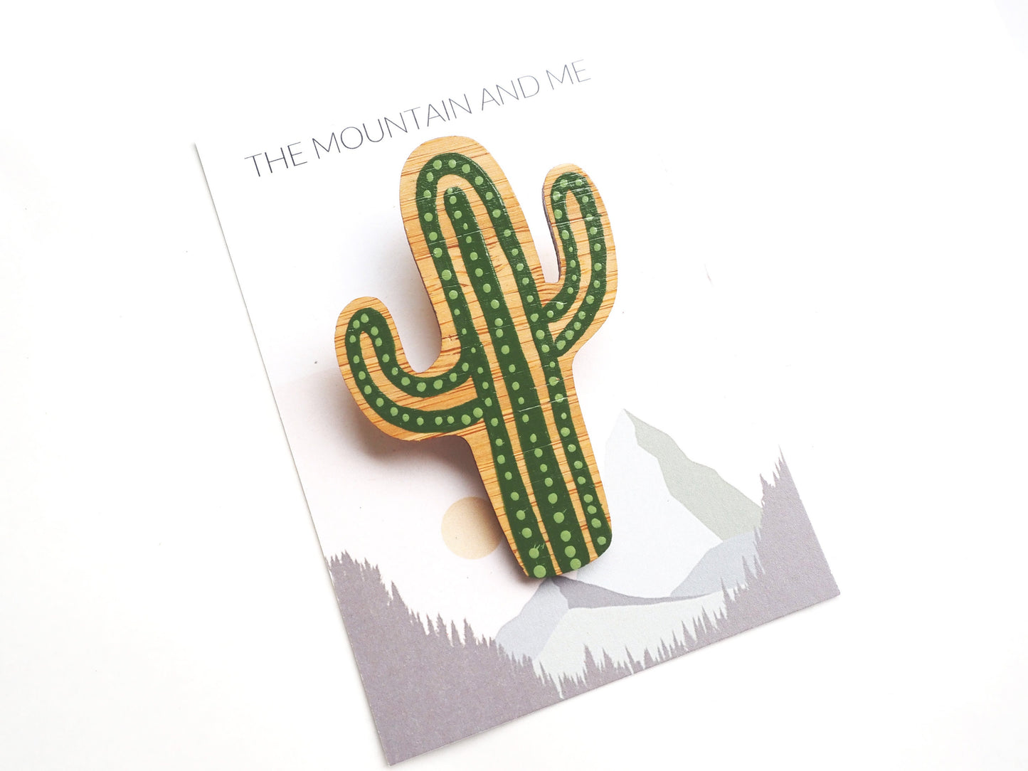 Wooden cactus brooch. Laser cut from bamboo and hand painted.