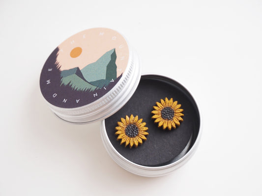 Hand Painted Wooden Sunflower Earrings | Sustainable Bamboo Jewellery Gift in a tin with a mountain design.