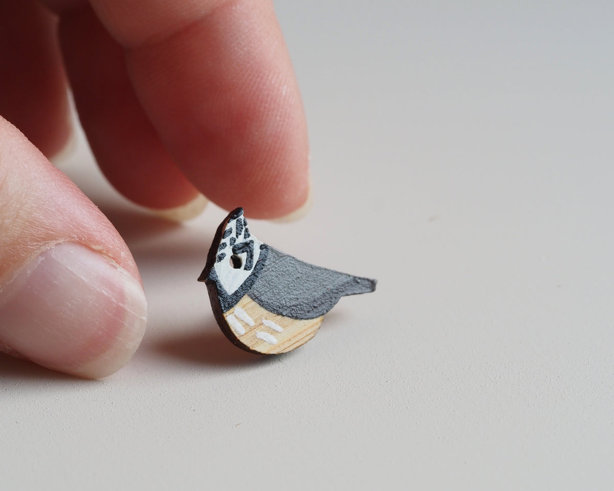 Mini Crested Tit Pin Badge – Hand-Painted Bamboo Bird Gift