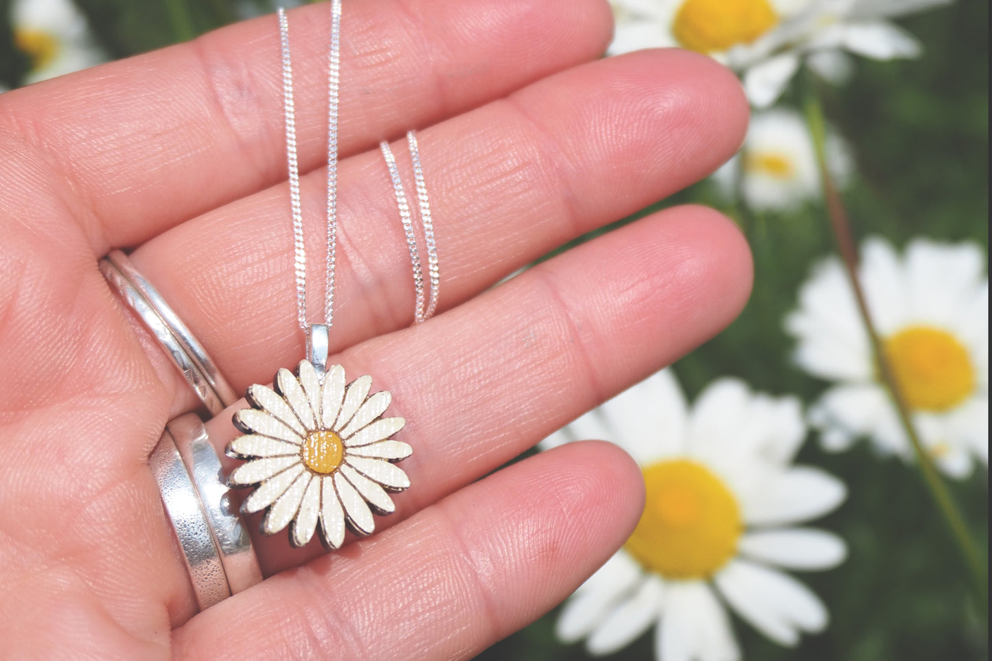 Eco-Friendly Daisy Necklace – Recycled Sterling Silver & Bamboo Pendant