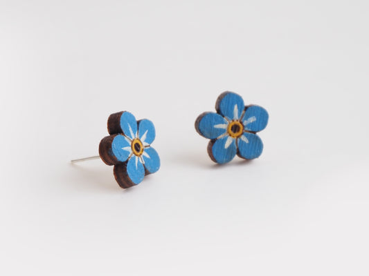 Hand Painted Wooden Forget-Me-Not Earrings | Sustainable Floral Jewellery, blue flower design, eco-friendly bamboo material.