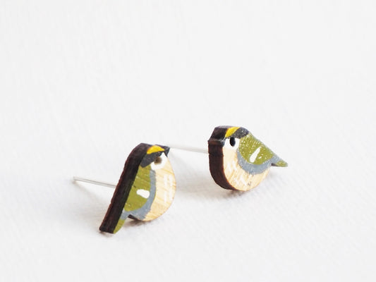 Goldcrest earrings featuring hand painted bird designs, made from sustainable bamboo, perfect for bird lovers in the UK.