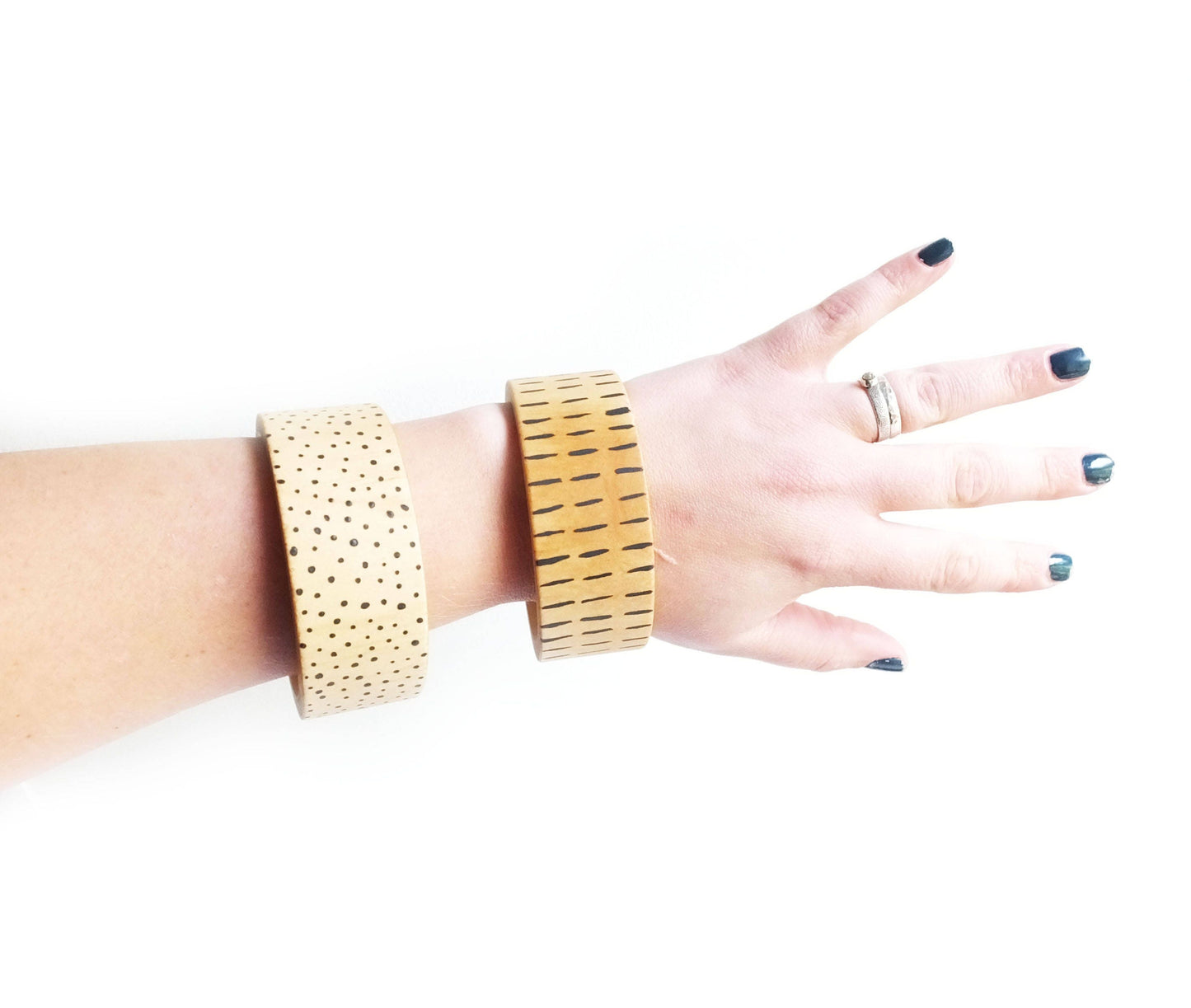 Spotty Wooden Bangle, Patterned Bangle, Black Polka Dot Bracelet