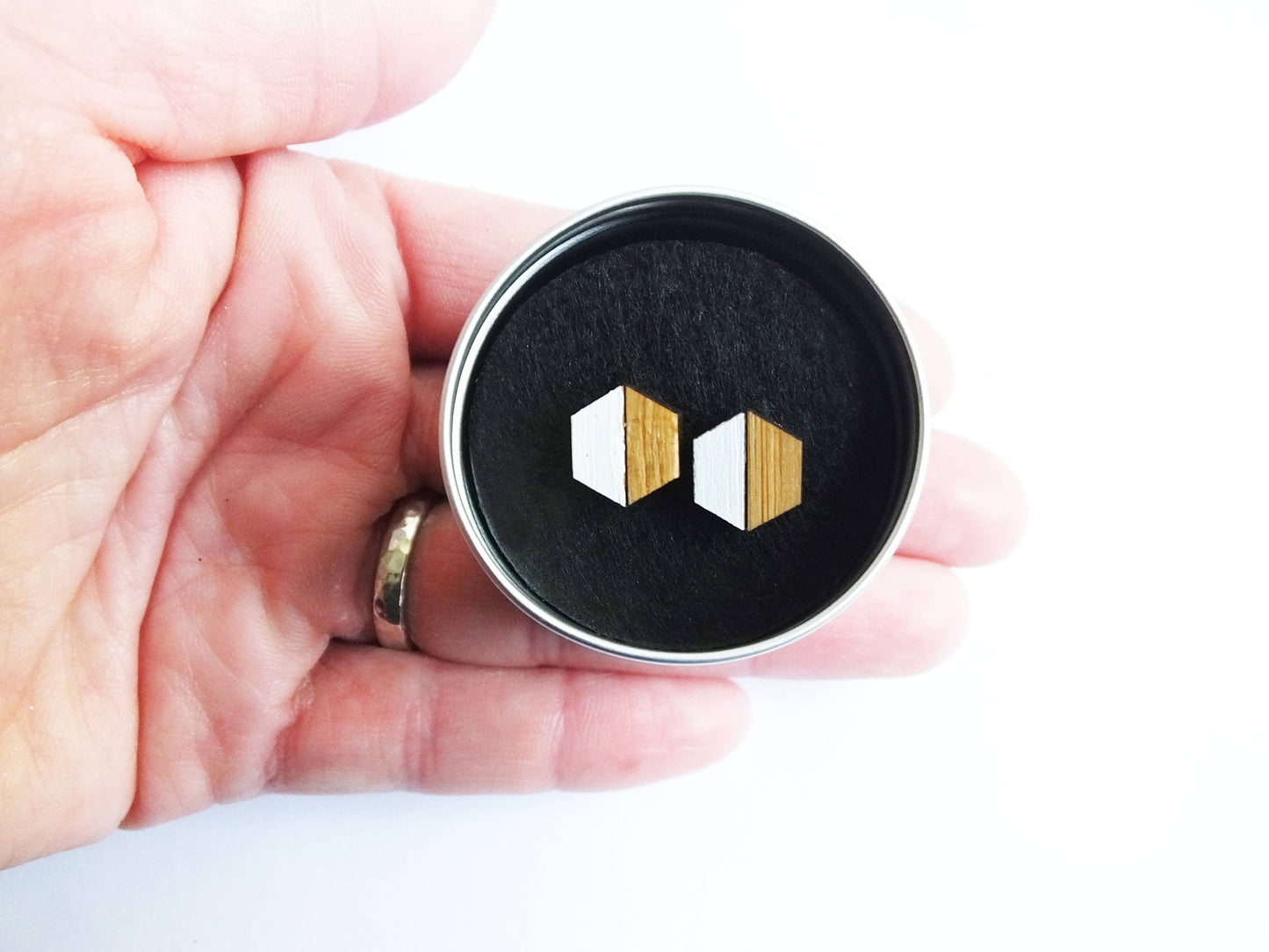 Hexagon Wooden Stud Earrings – Minimal Geometric