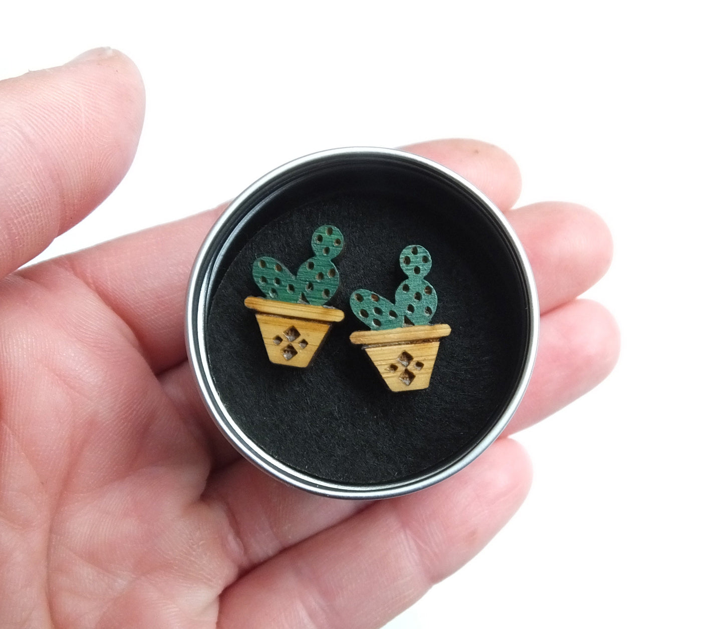 Cactus Stud Earrings, Hand Painted Wooden Earrings, Plant Gifts For Her, Cacti Earrings