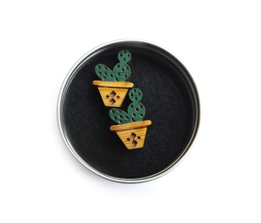 Cactus Pot Wooden Earrings โ Hand Painted Bamboo Studs