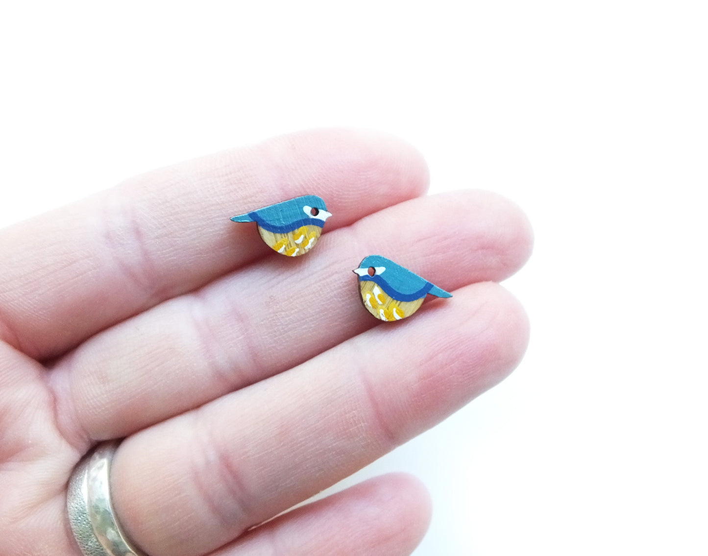 Blue Tit Earrings, Bird Earrings, Wooden Earrings, Wooden Jewellery, Bird Gifts For Her, Garden Birds, UK Birds