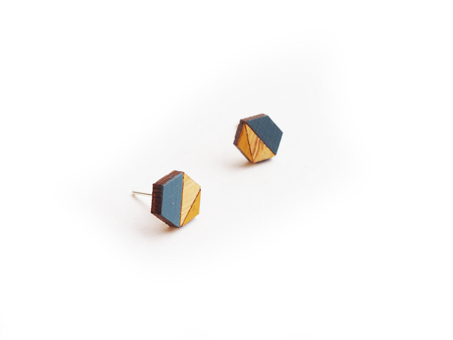 Blue and Mustard Hexagon Stud Earrings | Hand Painted Bamboo Jewellery