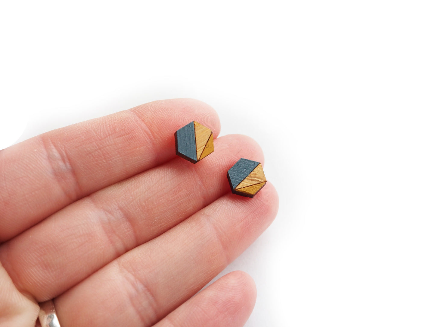Blue and Mustard Hexagon Stud Earrings | Hand Painted Bamboo Jewellery