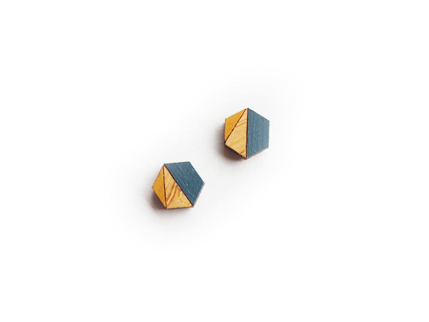 Blue and Mustard Hexagon Stud Earrings | Hand Painted Bamboo Jewellery