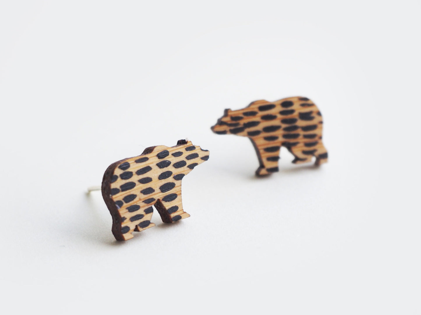 Hand Painted Bear Earrings, Grizzly Studs, Animal Jewellery