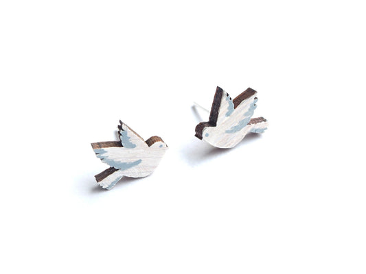 Dove earrings made from sustainable bamboo, hand painted with non-toxic paints, featuring silver plated posts.