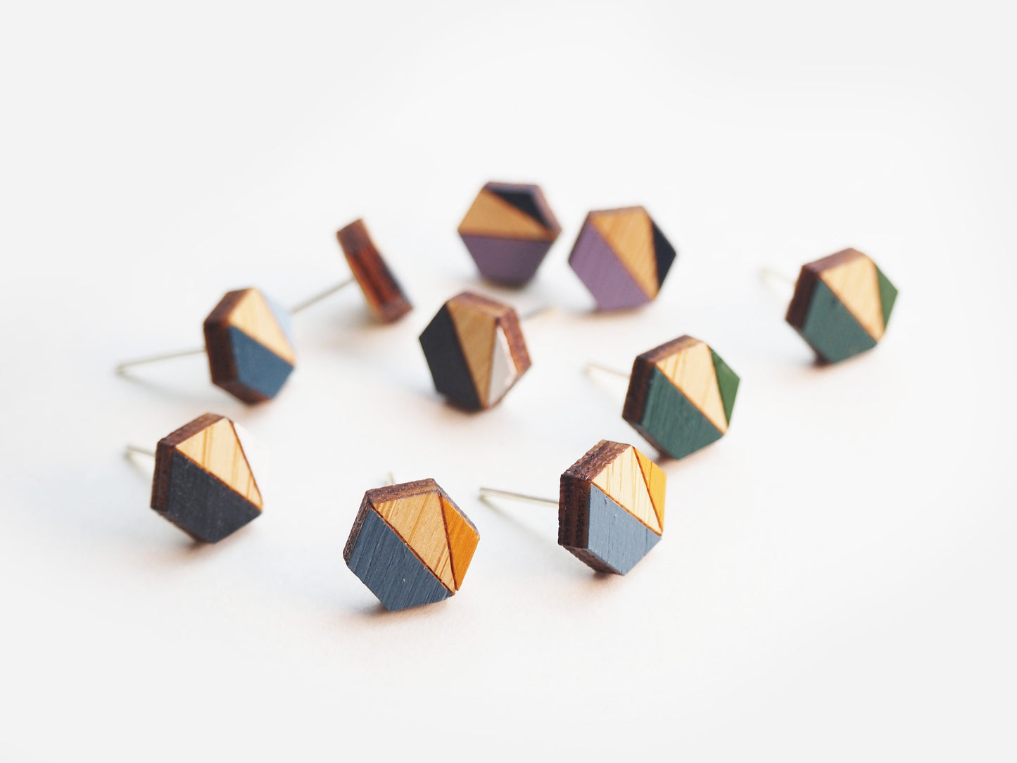 Hexagon Wooden Stud Earrings – Blue - Sustainable Bamboo Jewellery