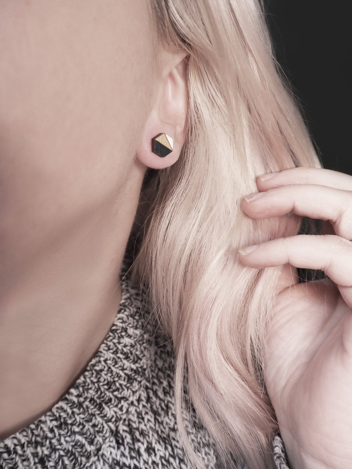 Hexagon Wooden Stud Earrings – Blue - Sustainable Bamboo Jewellery
