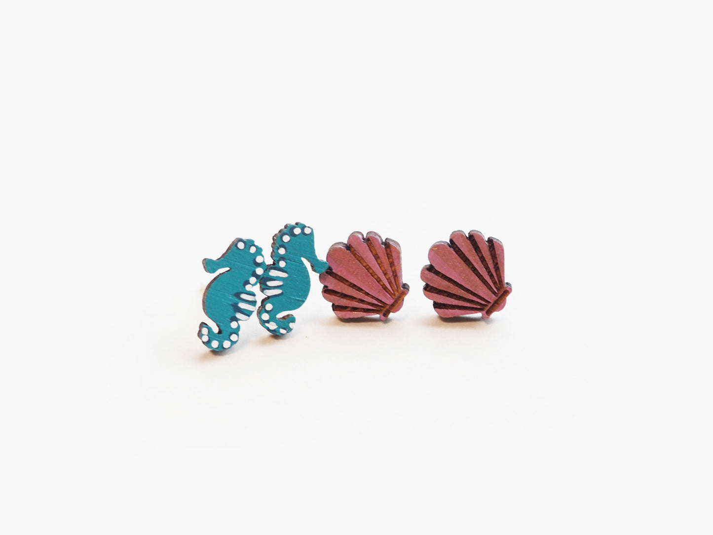 Seahorse Earrings – Hand Painted Wooden Studs in Blue & White