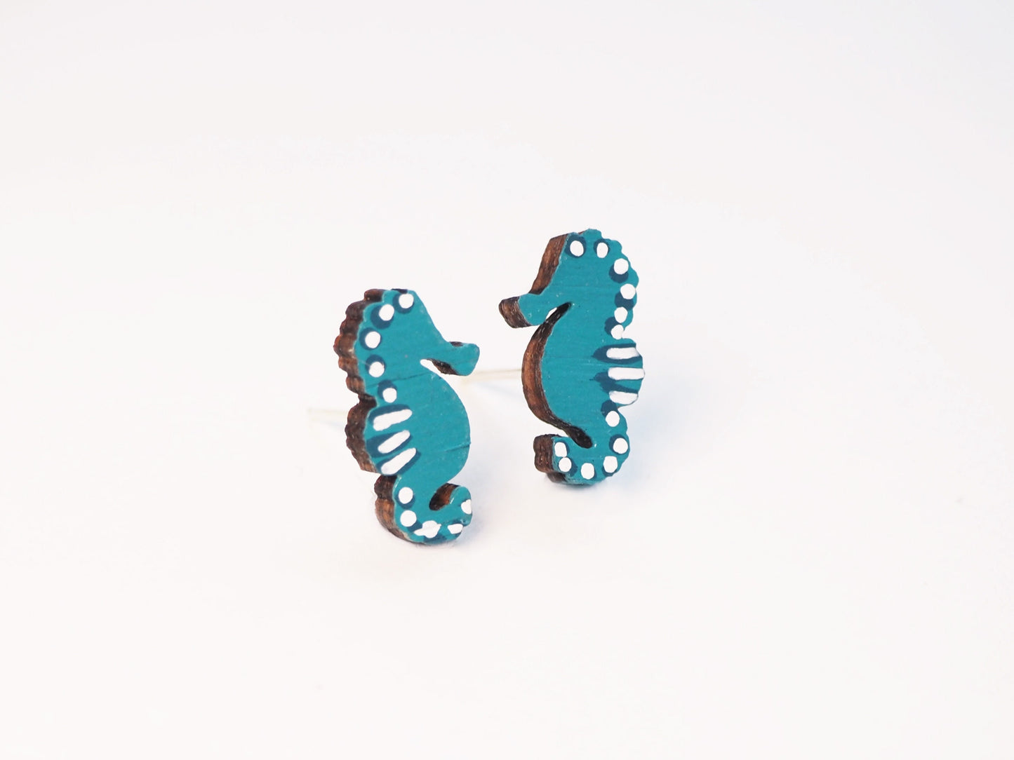 Seahorse Earrings – Hand Painted Wooden Studs in Blue & White