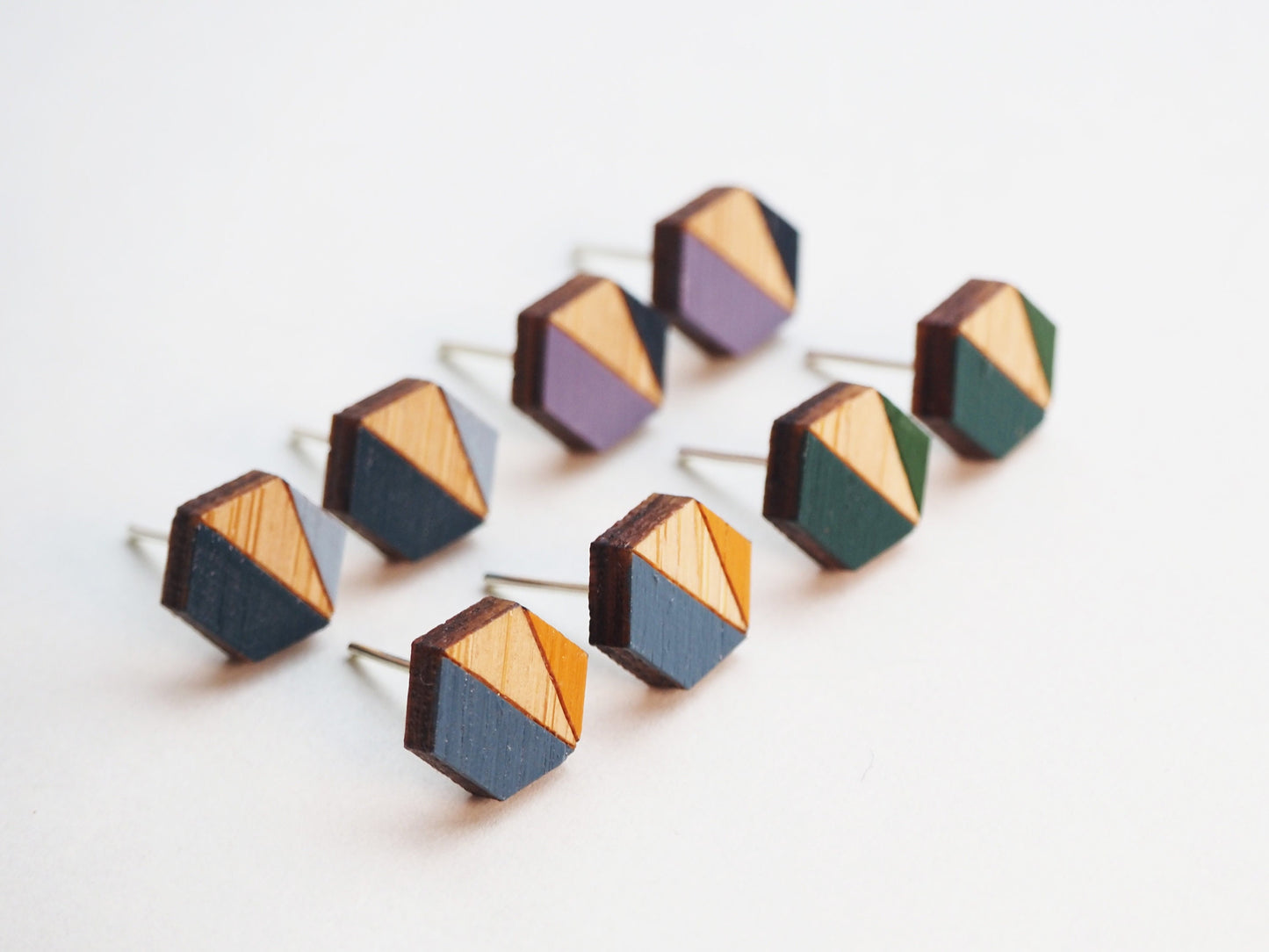 Hexagon Wooden Stud Earrings – Blue - Sustainable Bamboo Jewellery
