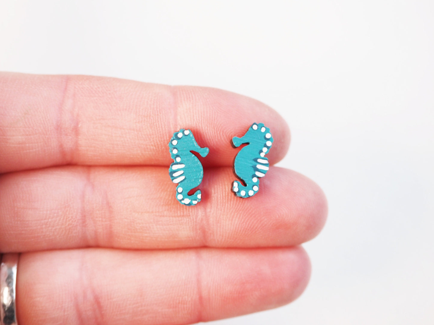 Seahorse Earrings – Hand Painted Wooden Studs in Blue & White