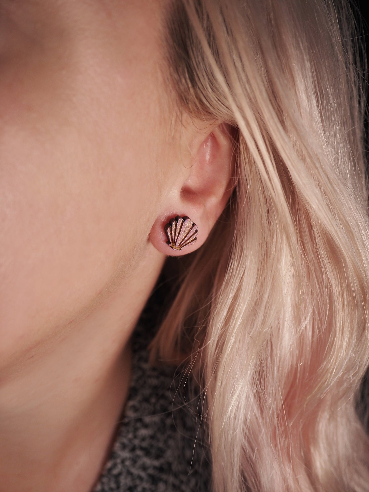Clam Shell Stud Earrings – Hand Painted Wooden Jewellery | The Mountain and Me