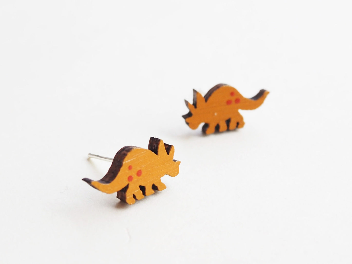 Yellow Dinosaur Earrings, Dinosaur Jewellery, Wooden Earrings, Triceratops Earrings