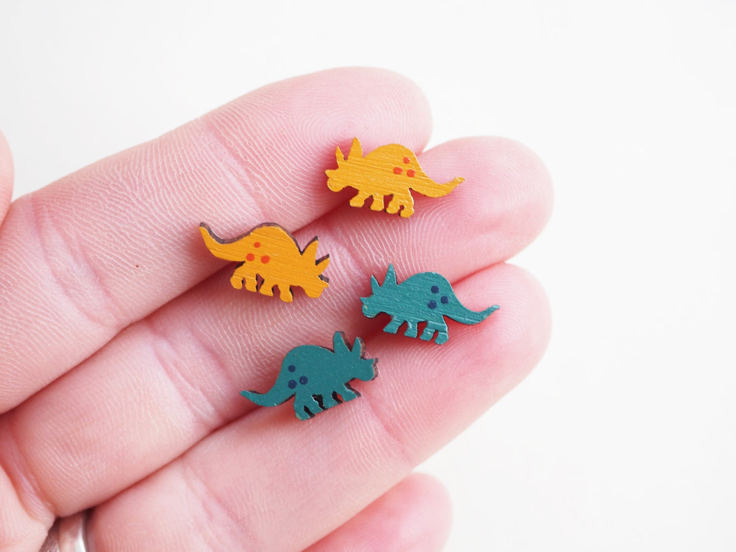 Yellow Dinosaur Earrings, Dinosaur Jewellery, Wooden Earrings, Triceratops Earrings