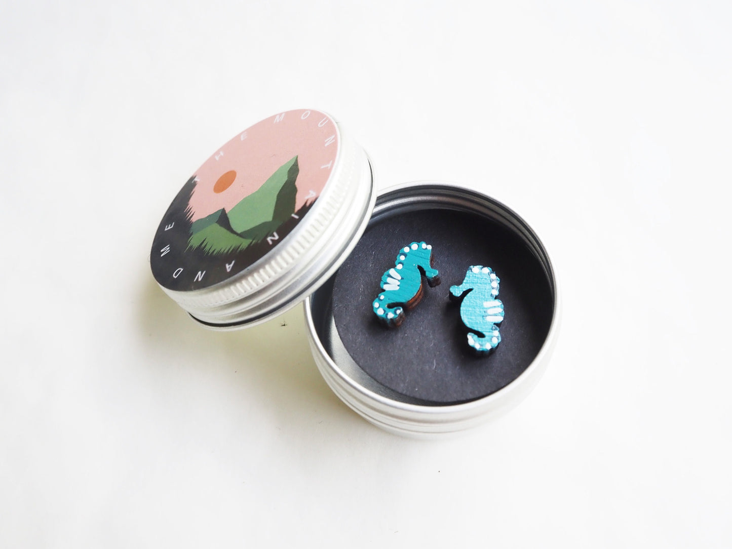 Seahorse Earrings – Hand Painted Wooden Studs in Blue & White