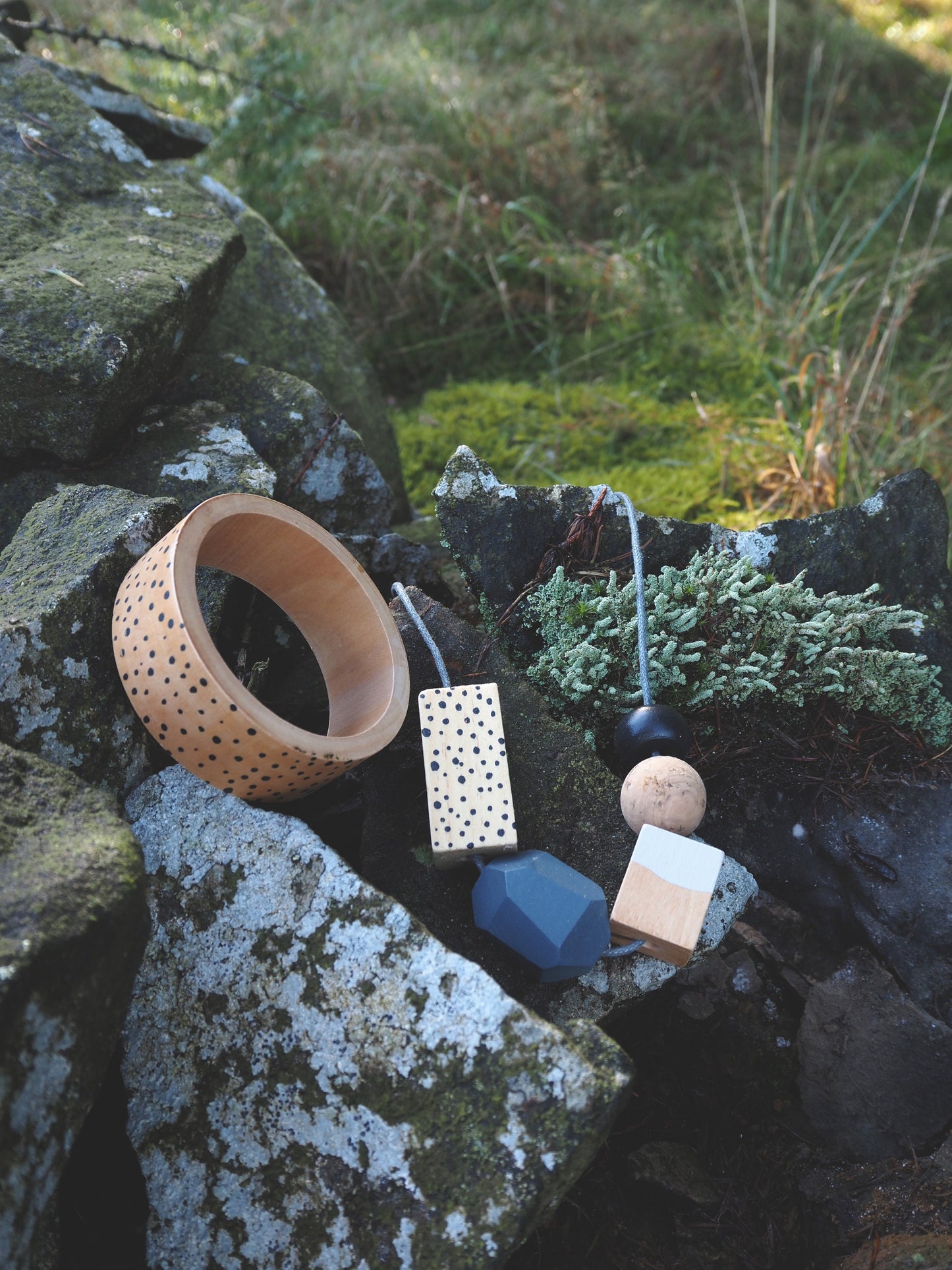 Spotty Wooden Bangle, Patterned Bangle, Black Polka Dot Bracelet