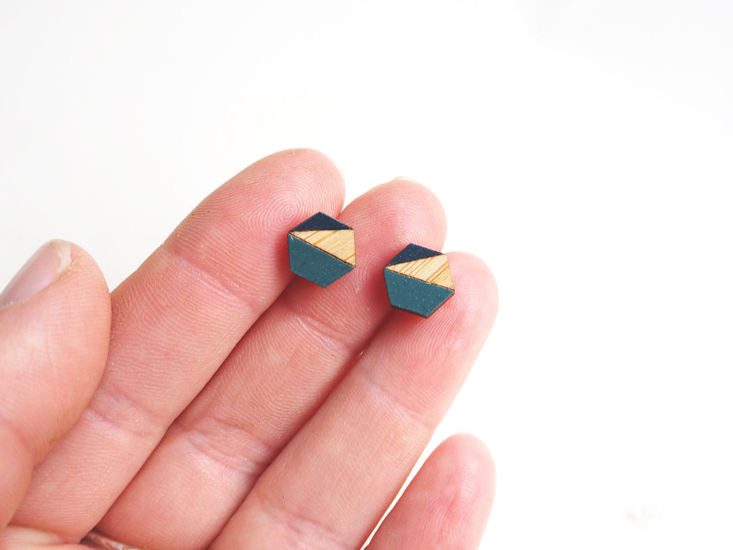 Blue Geometric Stud Earrings, Bamboo Wooden Hexagon Earrings, Gift For Her