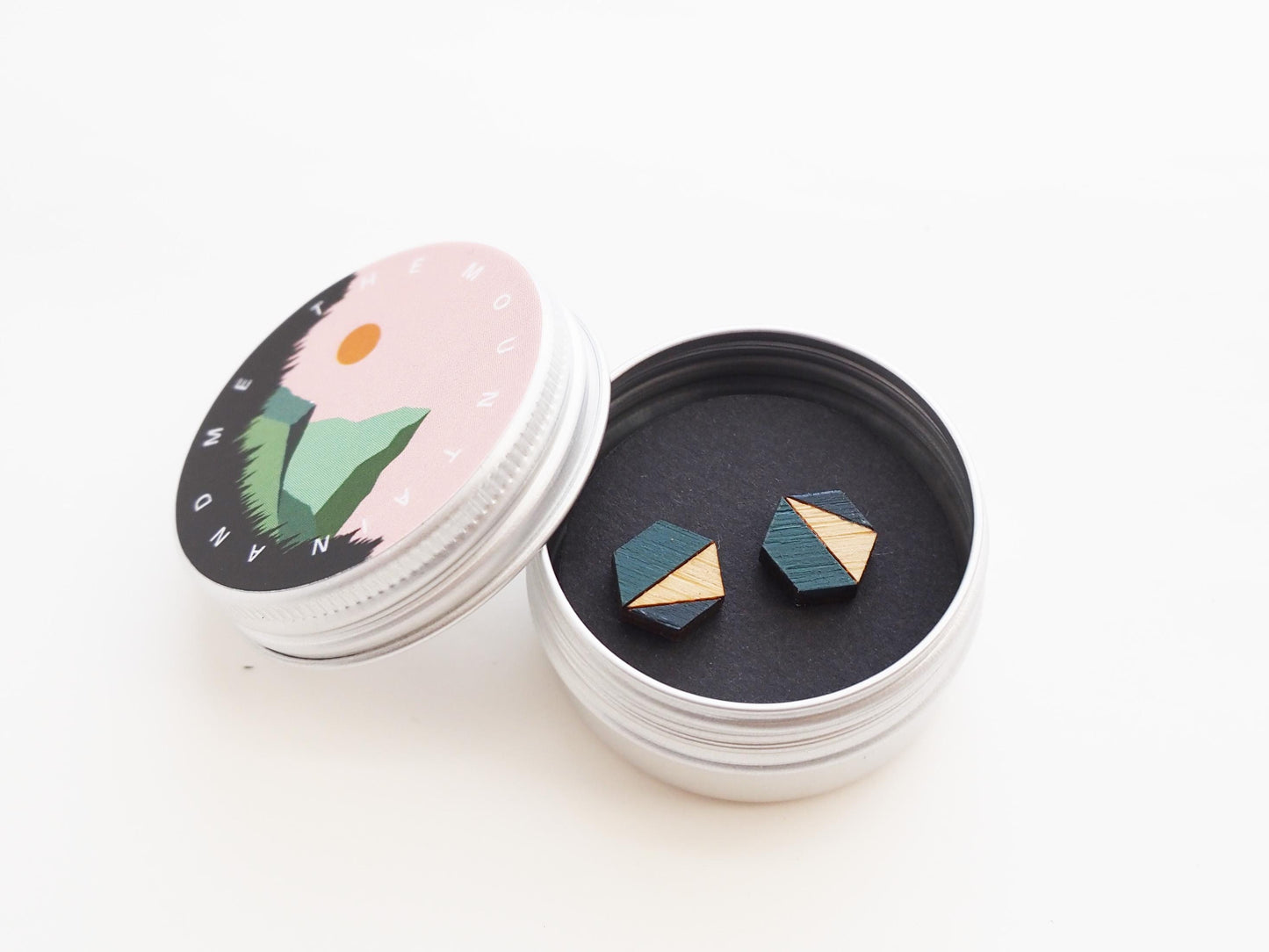 Blue Geometric Stud Earrings, Bamboo Wooden Hexagon Earrings, Gift For Her