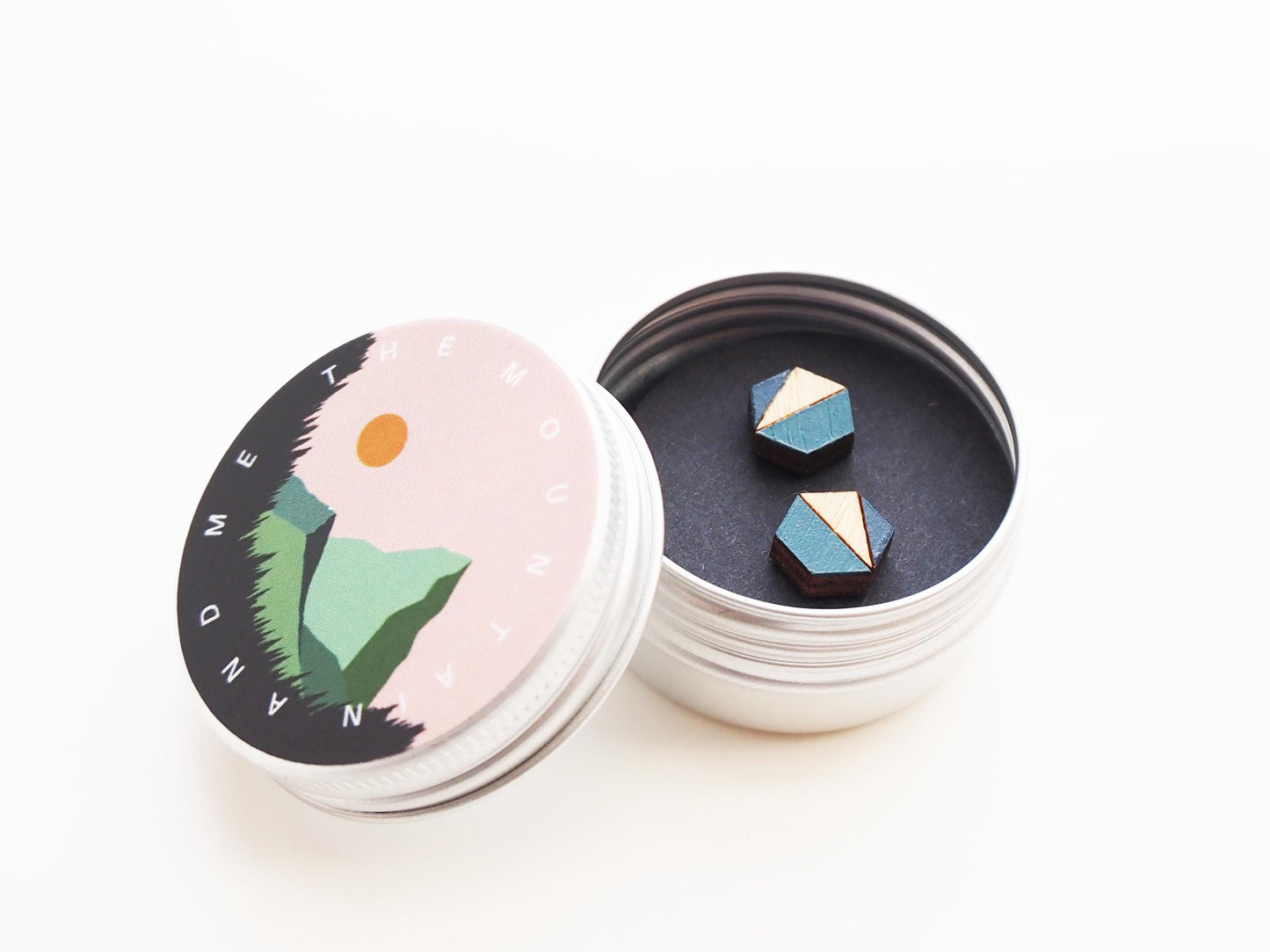 Blue Geometric Stud Earrings, Bamboo Wooden Hexagon Earrings, Gift For Her