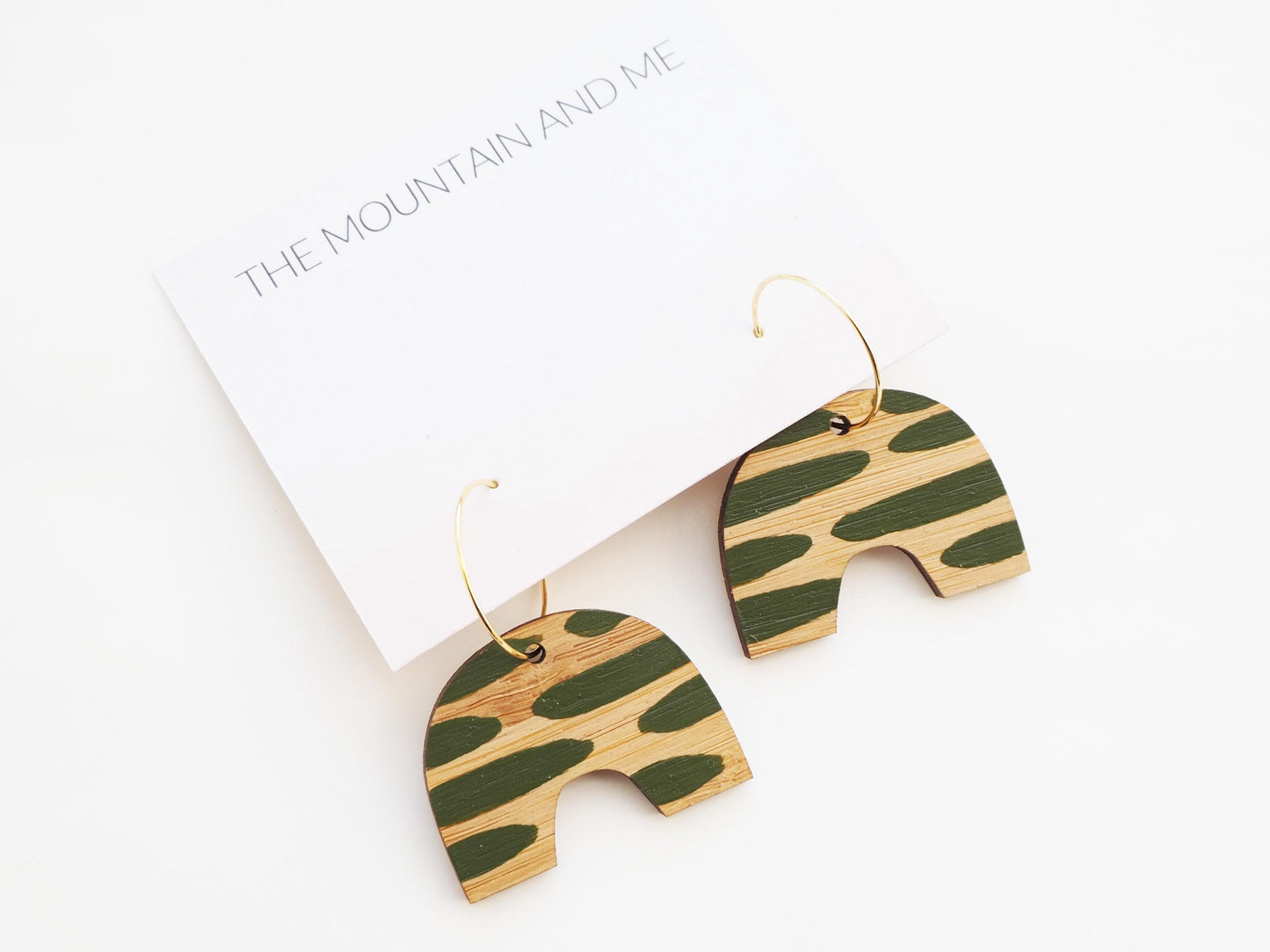 Green Statement Earrings, Bamboo Wooden Gold Hoops, Hand Painted Arch Earrings