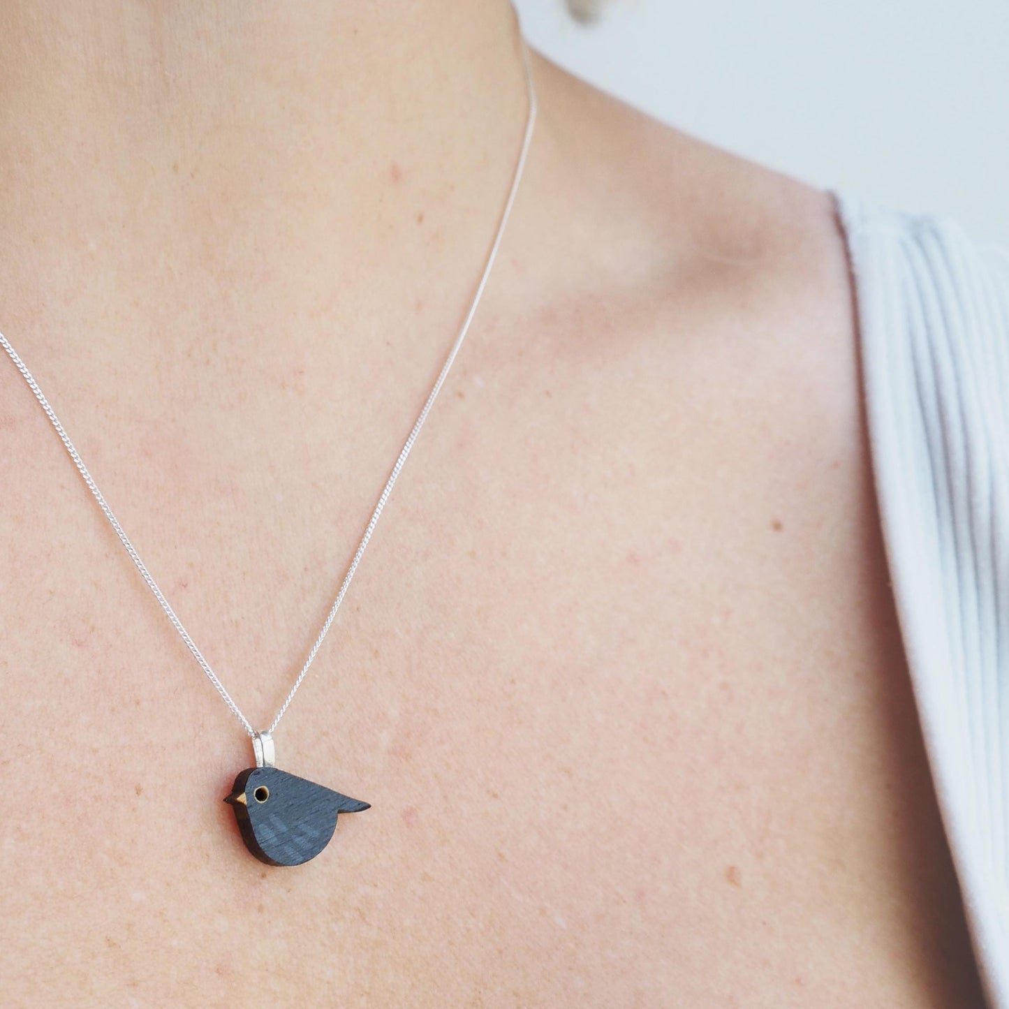 Blackbird Bird Sterling Silver Necklace, Eco Friendly Sustainable Gift featuring a hand painted blackbird pendant on a recycled chain.