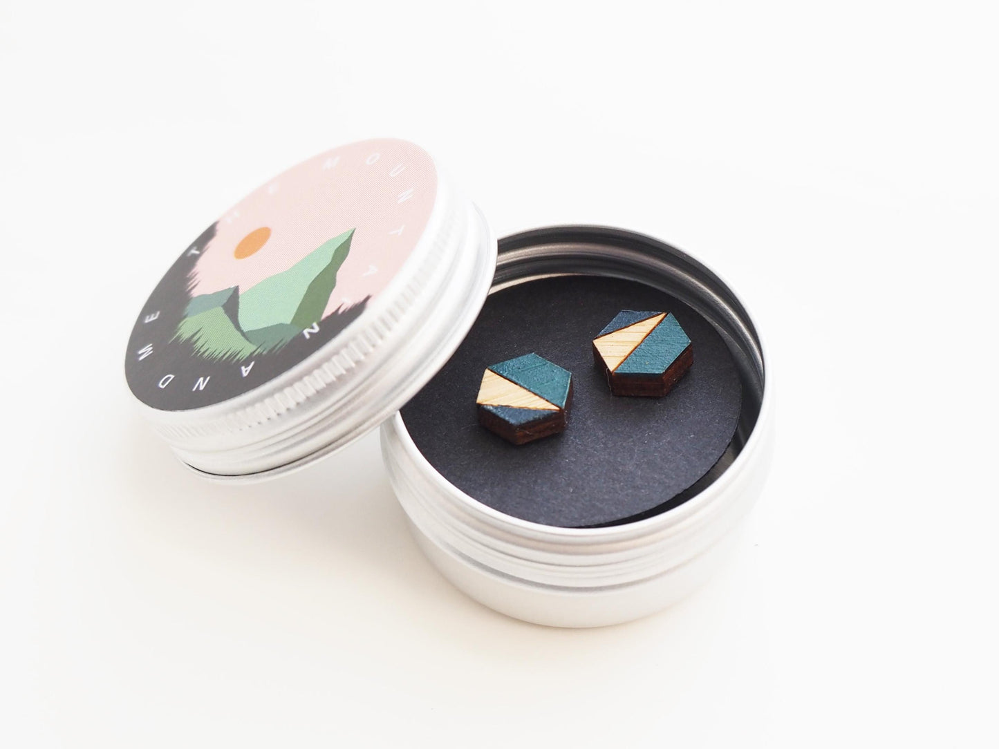 Blue Geometric Stud Earrings, Bamboo Wooden Hexagon Earrings, Gift For Her