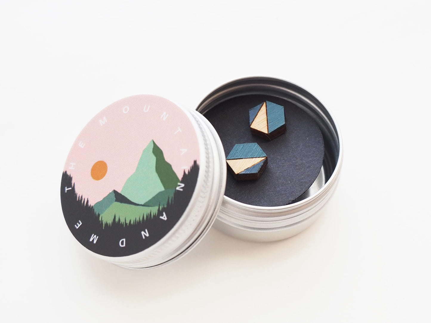 Blue Geometric Stud Earrings, Bamboo Wooden Hexagon Earrings, Gift For Her