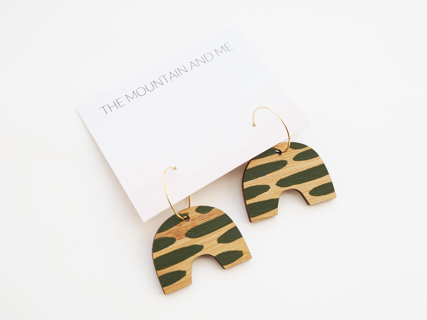 Green Statement Earrings, Bamboo Wooden Gold Hoops, Hand Painted Arch Earrings