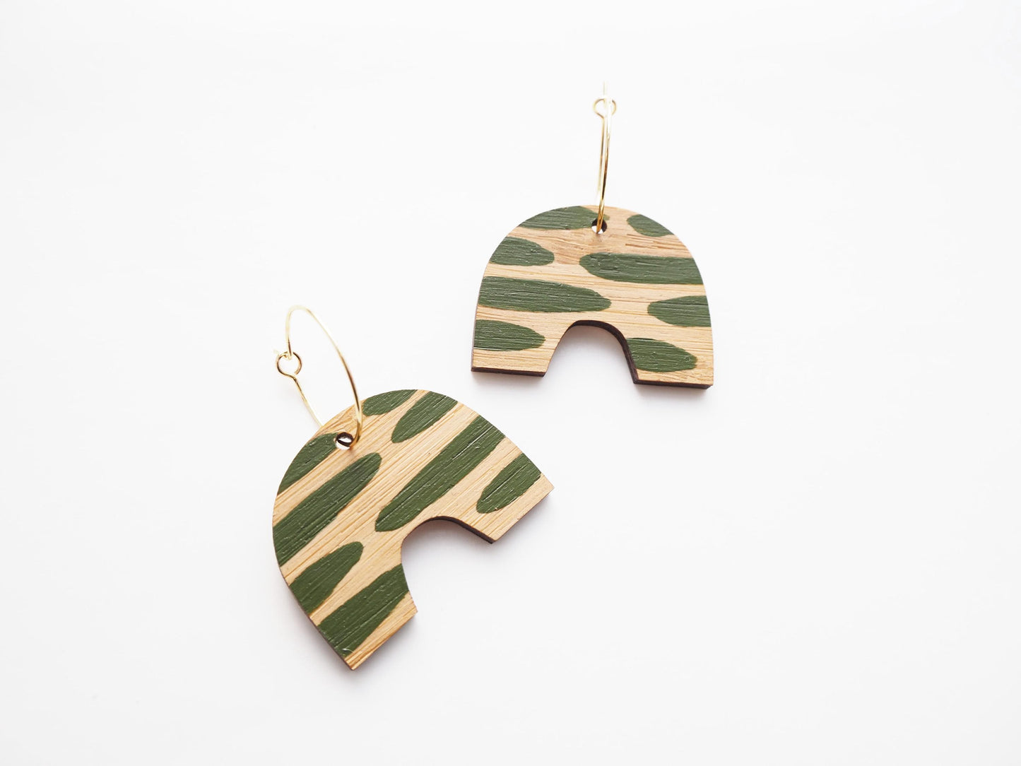 Green Statement Earrings, Bamboo Wooden Gold Hoops, Hand Painted Arch Earrings