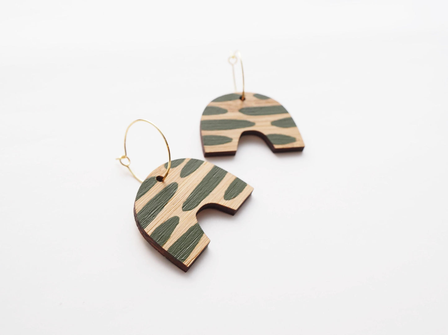 Green Statement Earrings, Bamboo Wooden Gold Hoops, Hand Painted Arch Earrings