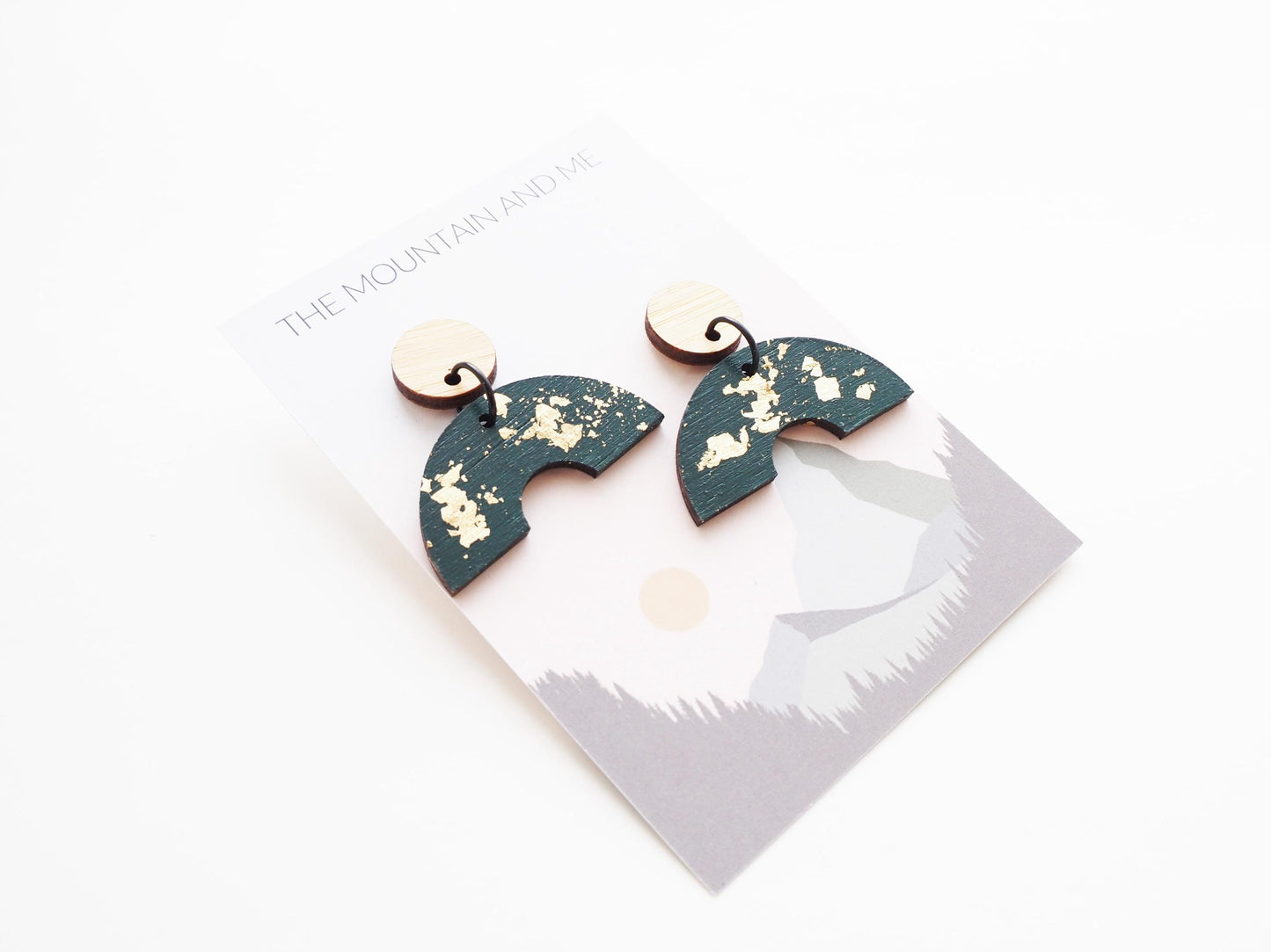 Gold Leaf Statement Wooden Earrings / Teal Dangly Studs