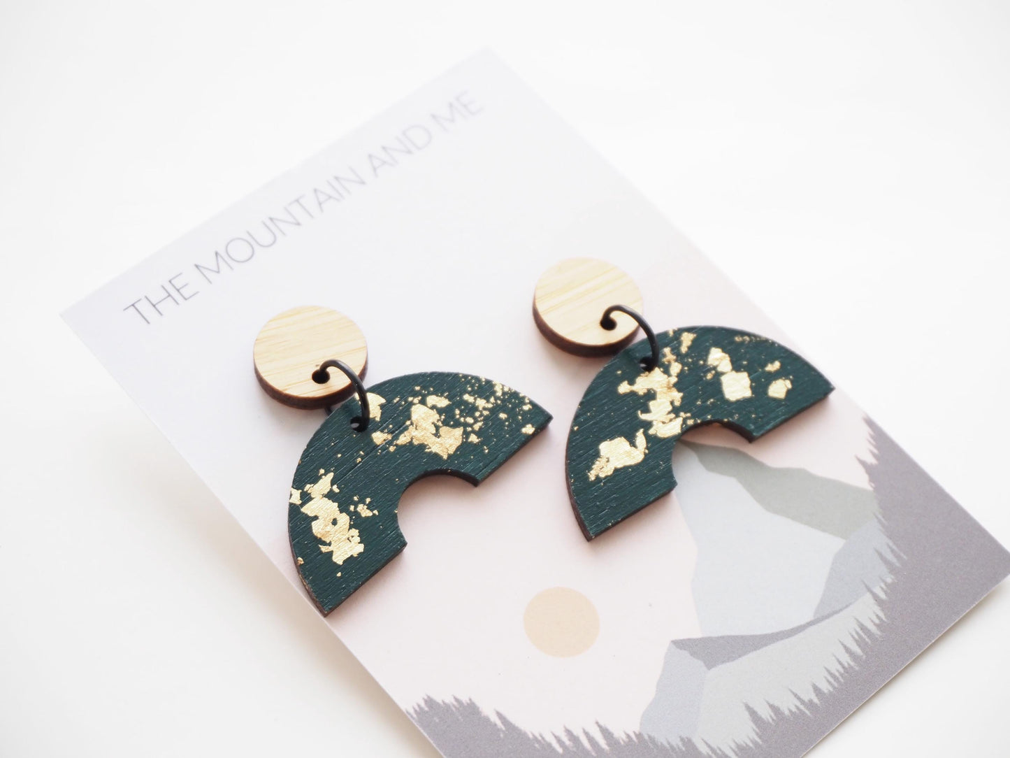 Gold Leaf Statement Wooden Earrings / Teal Dangly Studs
