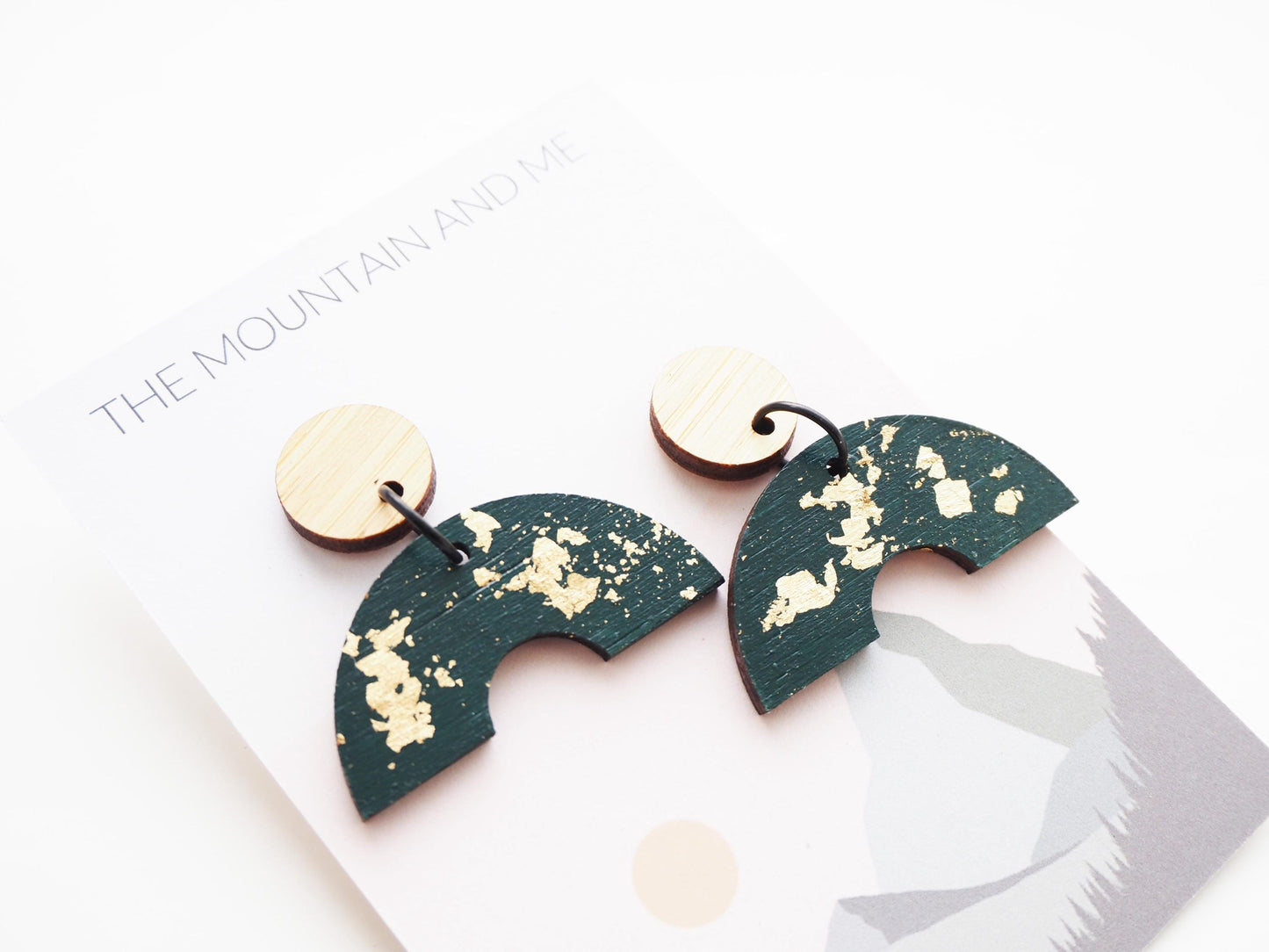 Gold Leaf Statement Wooden Earrings / Teal Dangly Studs