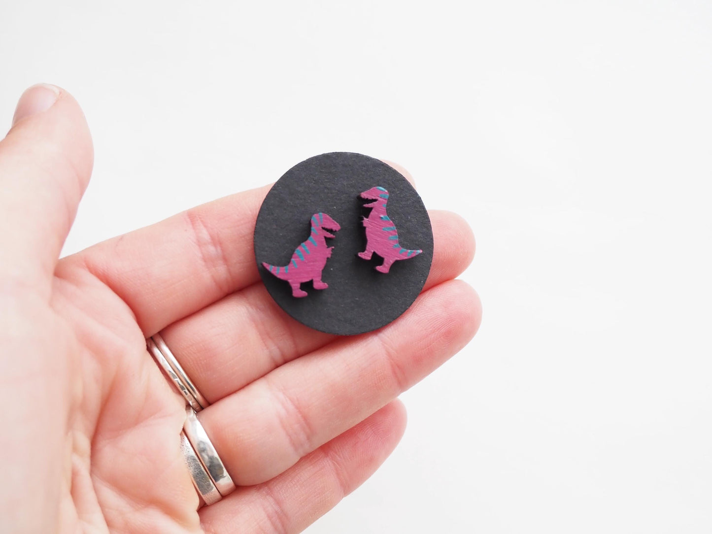 Pink T-Rex Dinosaur Stud Earrings, Wooden Dinosaur Jewellery
