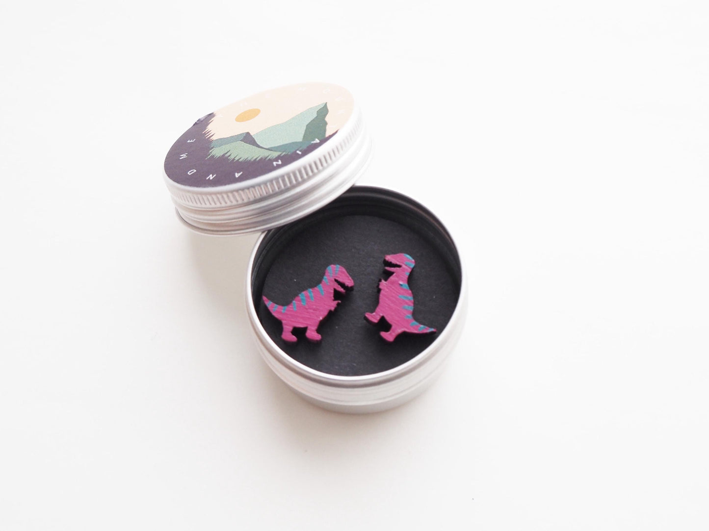 Pink T-Rex Dinosaur Stud Earrings, Wooden Dinosaur Jewellery