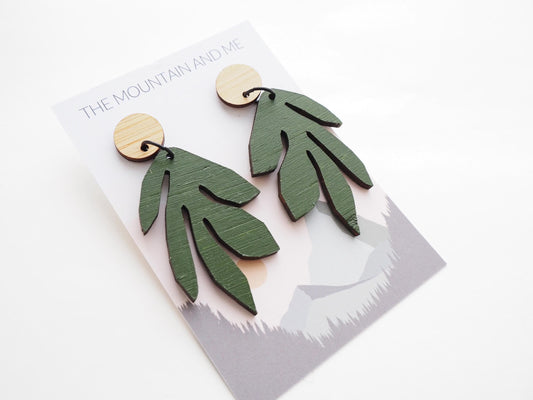 Leaf Dangle Earrings – Hand Painted Wooden Statement Jewellery
