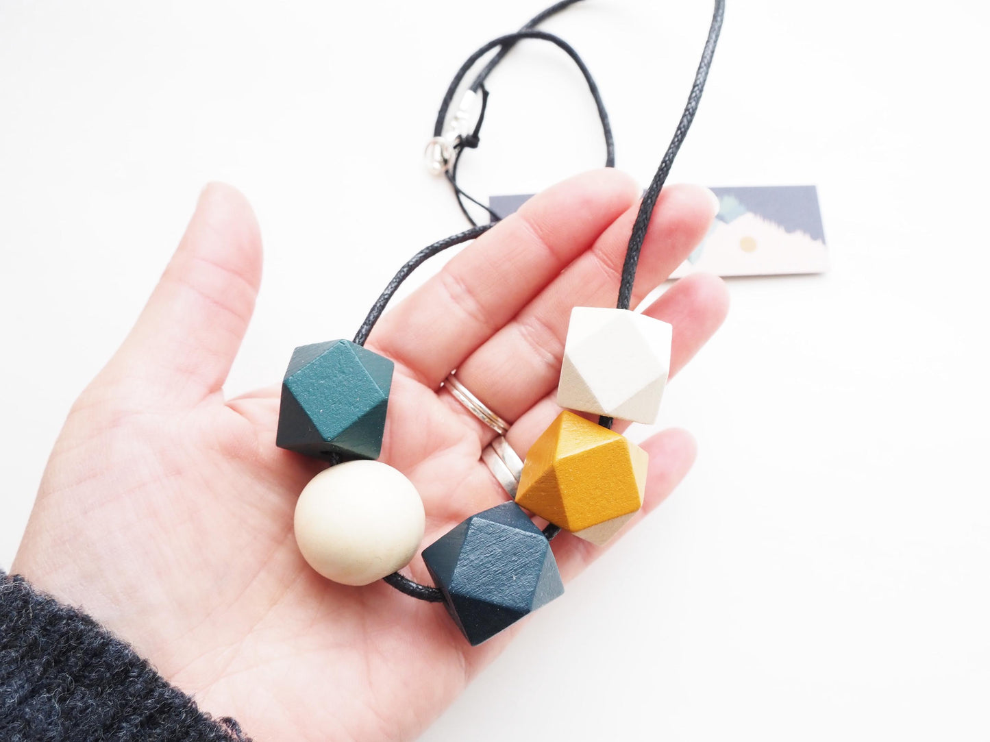 Geometric Wooden Bead Necklace / Mustard and Grey Necklace / Sustainable Gifts for Her