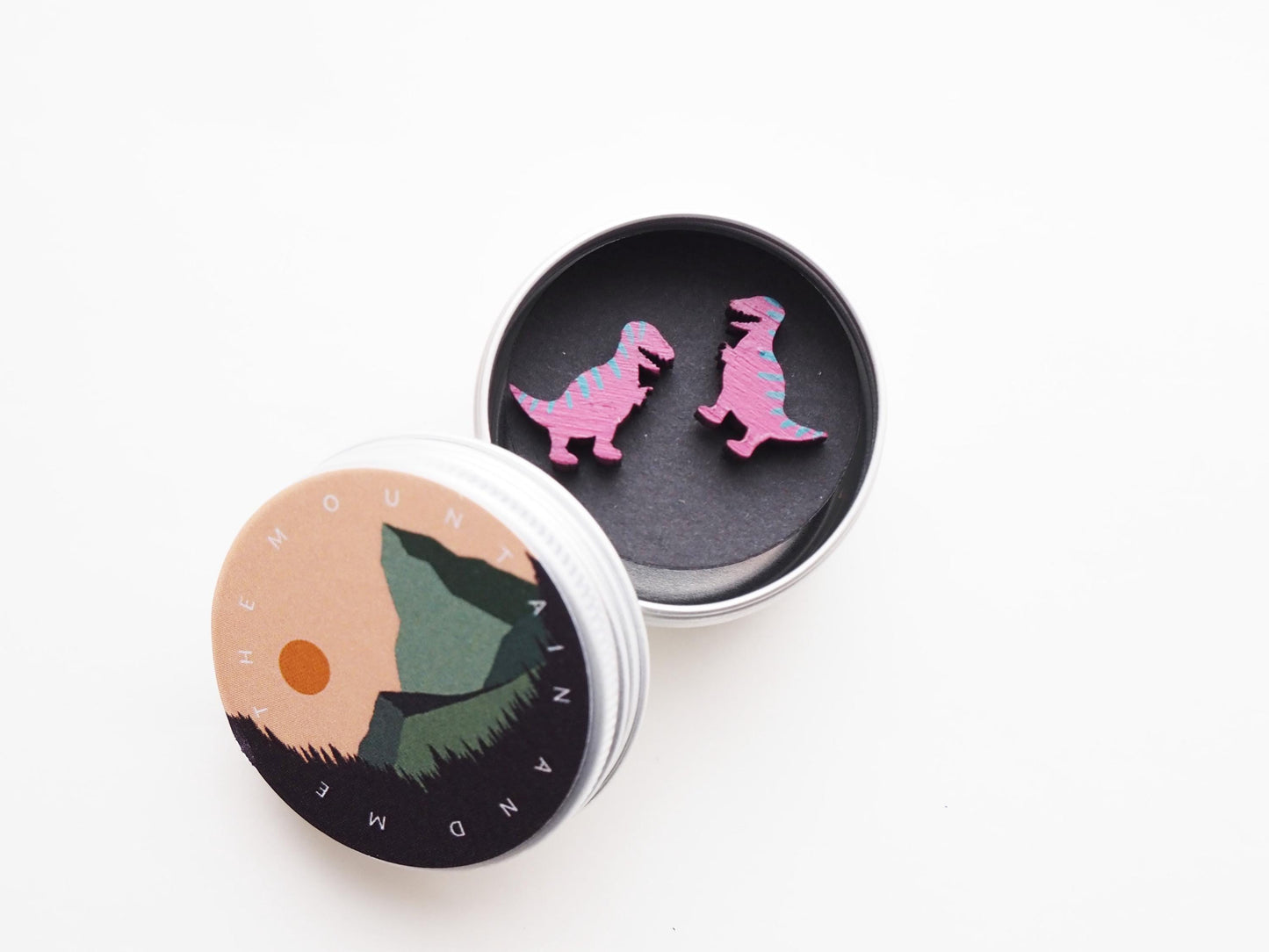 Pink T-Rex Dinosaur Stud Earrings, Wooden Dinosaur Jewellery