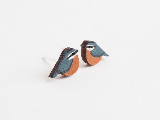 Nuthatch earrings, hand painted bird studs made from sustainable bamboo, designed by Claire Mills.