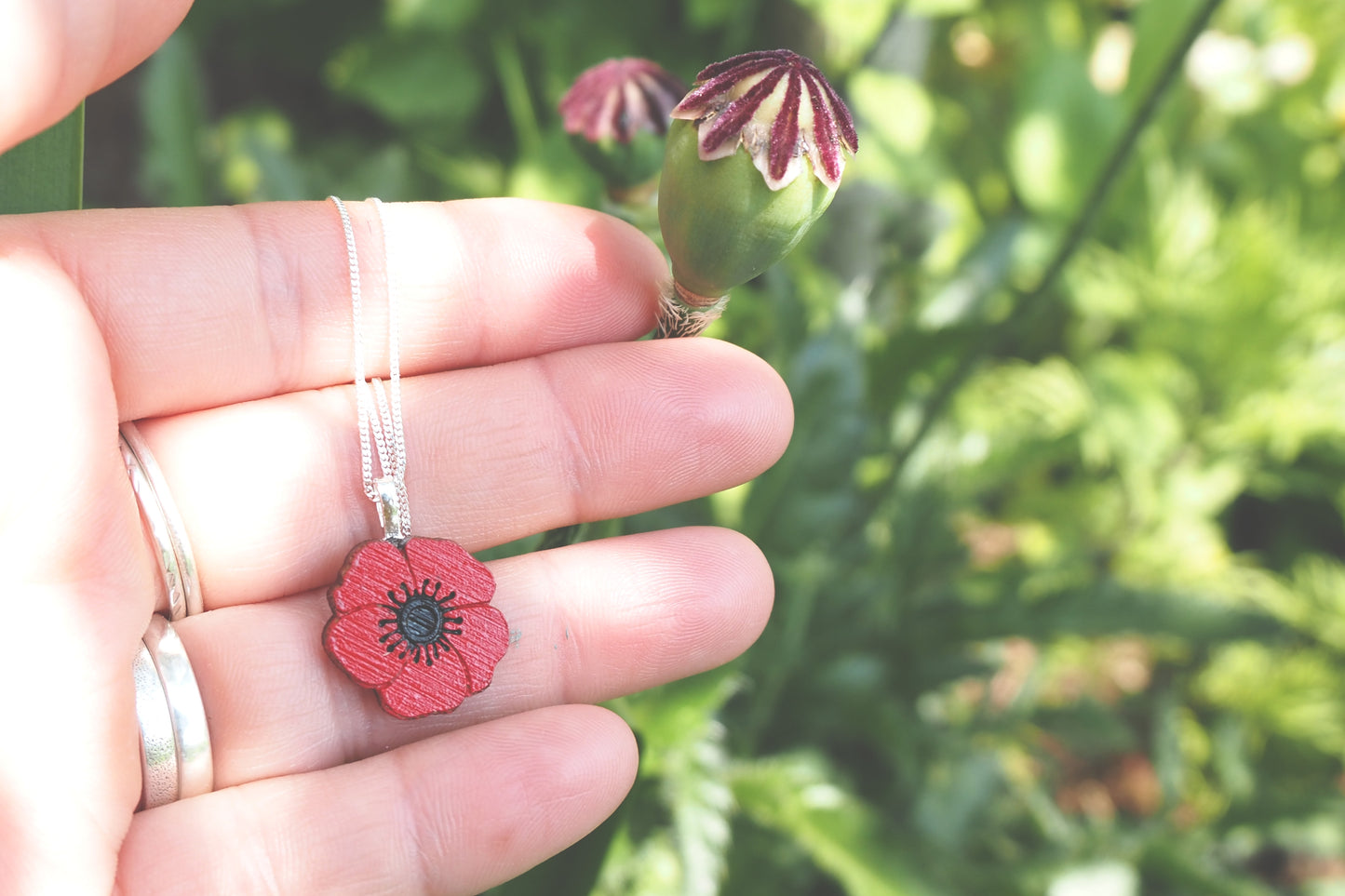 Sustainable Poppy Necklace – Sterling Silver Chain & Bamboo Pendant