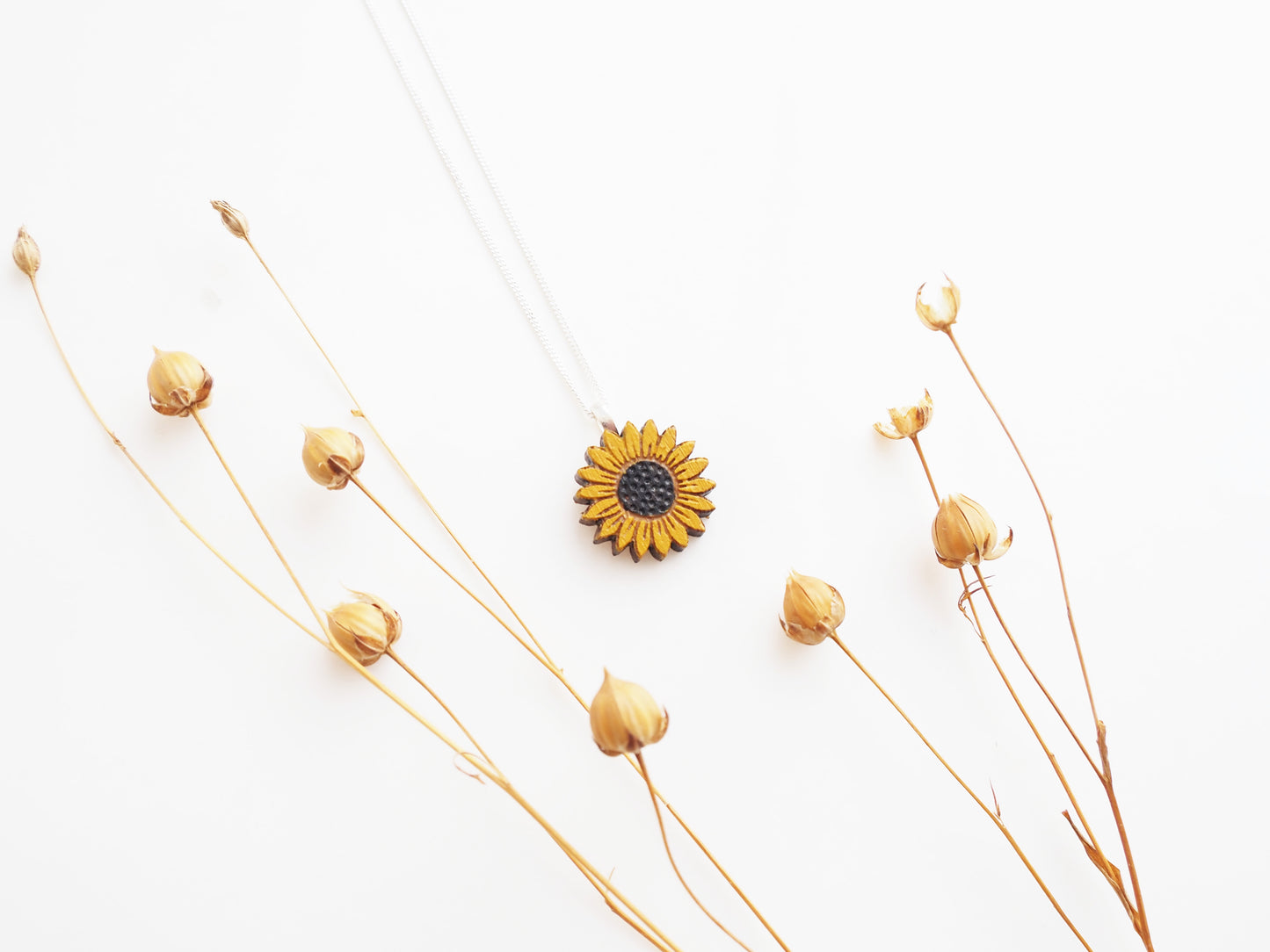 Sunflower Necklace – Sterling Silver Chain & Bamboo Pendant